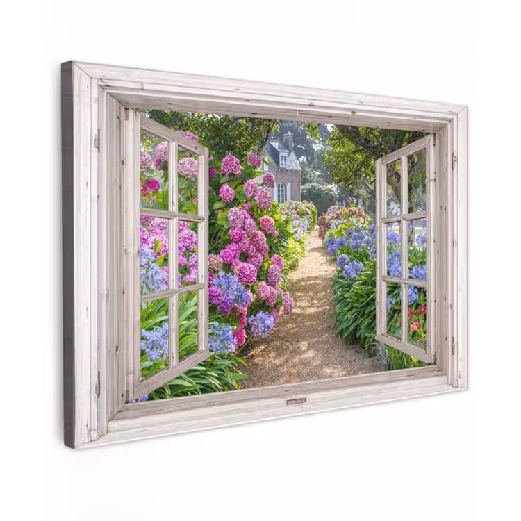 Uitzicht op Bloementuin Tuinposter op houten frame 2 cm dik klein -3d