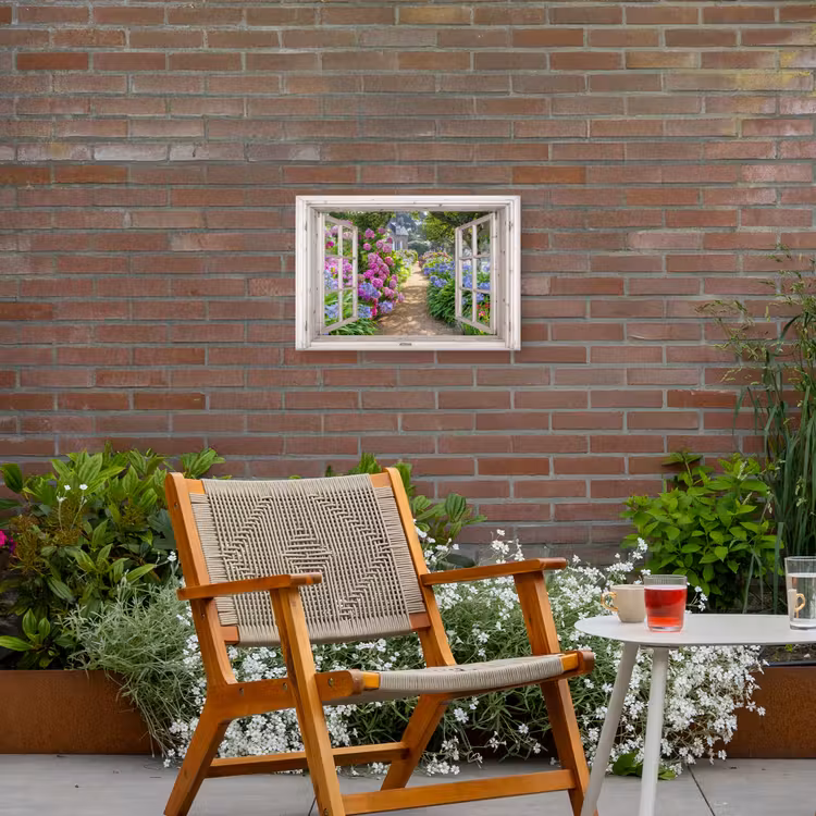 Uitzicht op Bloementuin Tuinposter op houten frame 2 cm dik klein -sfeer3