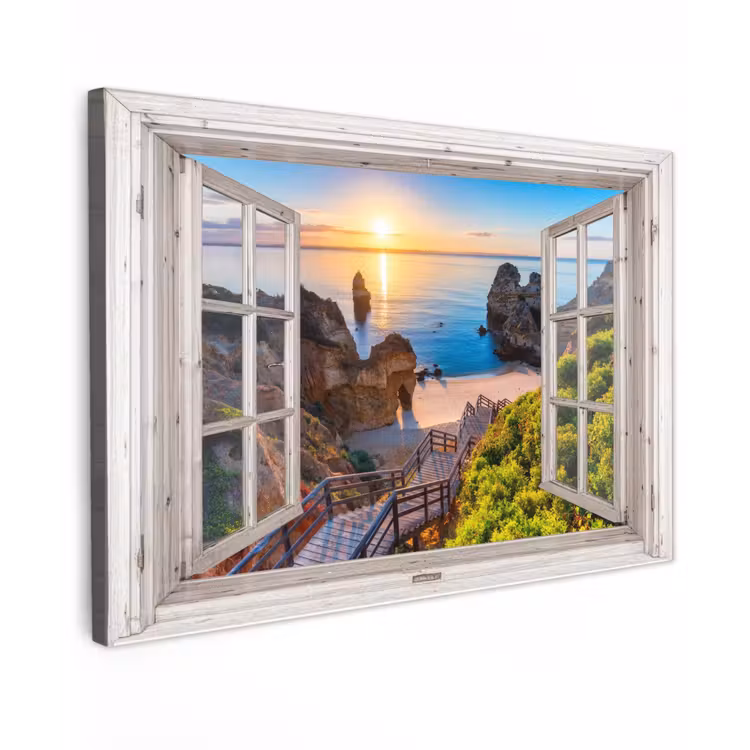 Uitzicht op Rotsachtig Strand bij Zonsondergang Tuinposter op houten frame 2 cm dik klein -3d