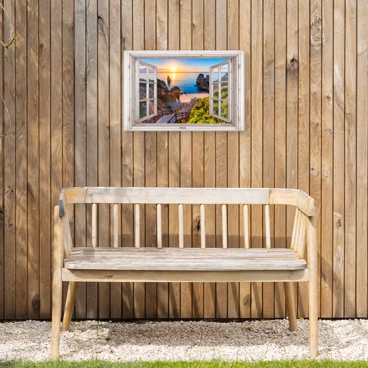 Uitzicht op Rotsachtig Strand bij Zonsondergang Tuinposter op houten frame 2 cm dik klein -sfeer4
