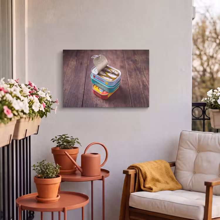 Buiten canvas - Vis - Blikjes - Keuken - Vis - Blikjes - Keuken Tuinposter op houten frame 2 cm dik klein