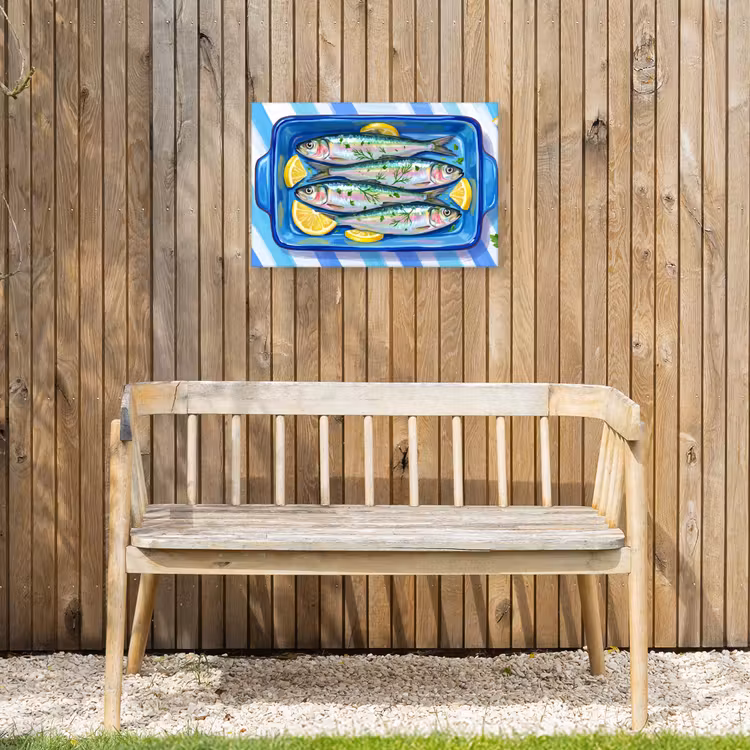 Vis - Citroen - Kruiden - Eten - Blauw Tuinposter op houten frame 2 cm dik klein -sfeer4
