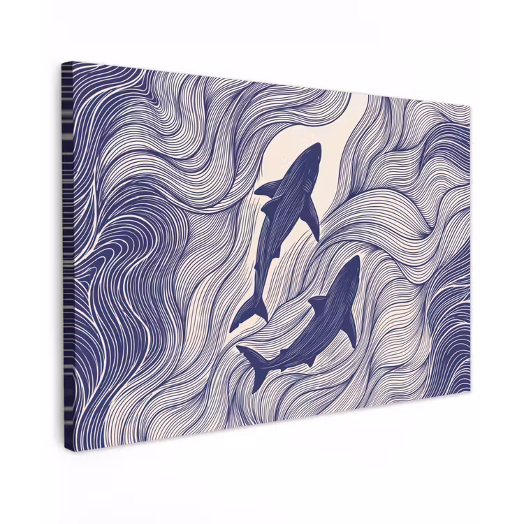 Vis - Oceaan - Lijntekening - Blauw - Dieren Tuinposter op houten frame 2 cm dik klein -3d