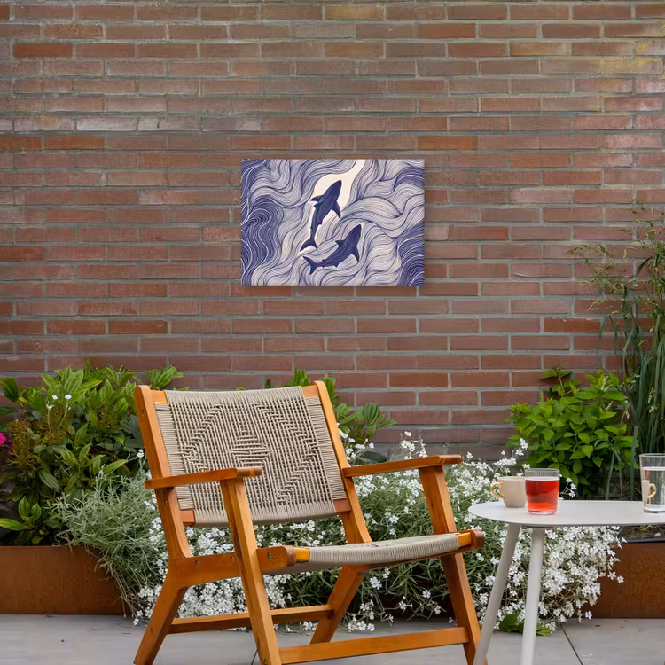 Vis - Oceaan - Lijntekening - Blauw - Dieren Tuinposter op houten frame 2 cm dik klein -sfeer3