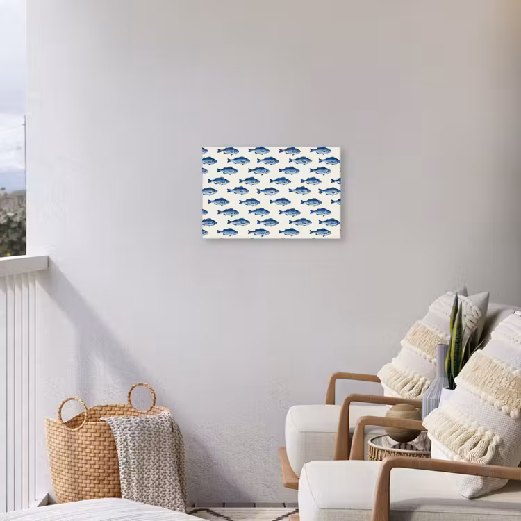 Vis - Patroon - Blauw Tuinposter op houten frame 2 cm dik klein 845 -sfeer1