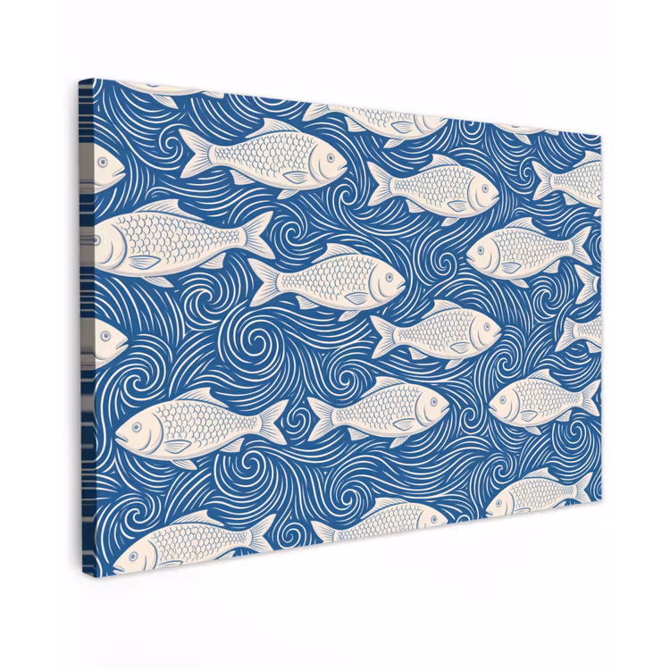 Vis - Water - Patroon - Grafisch - Blauw Tuinposter op houten frame 2 cm dik klein -3d