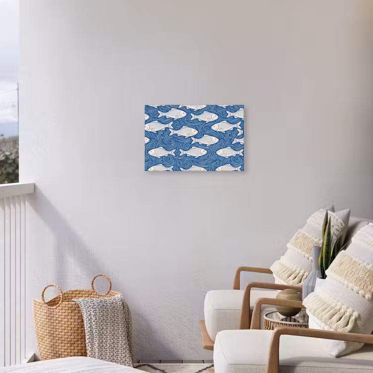 Vis - Water - Patroon - Grafisch - Blauw Tuinposter op houten frame 2 cm dik klein -sfeer1