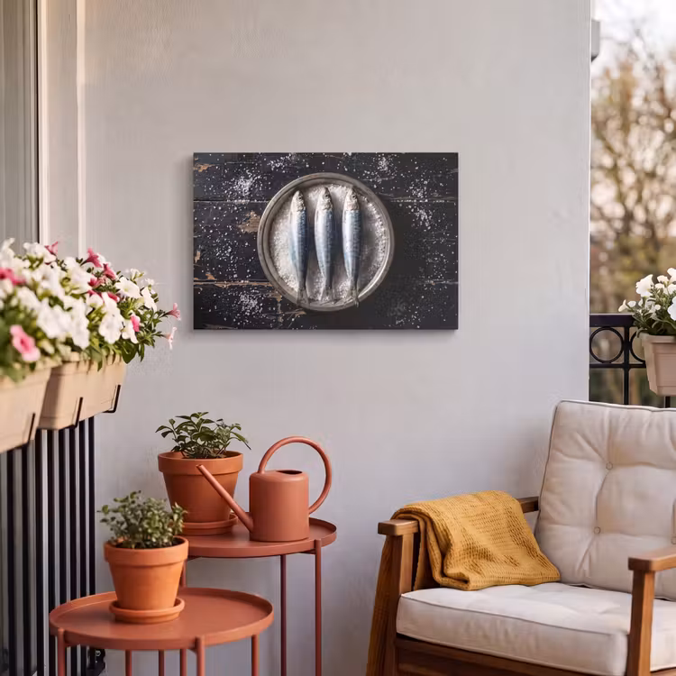 Buiten canvas - Vis - Zout - Eten - Vis - Zout - Eten Tuinposter op houten frame 2 cm dik klein