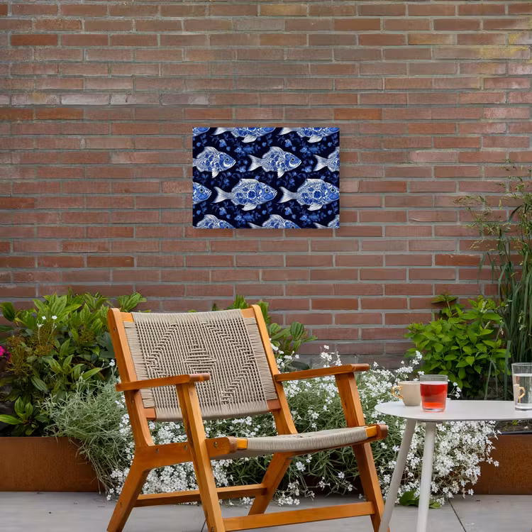 Vissen - Bloemen - Blauw Tuinposter op houten frame 2 cm dik klein 845 -sfeer3