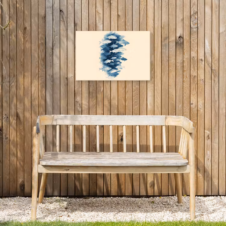 Vissen - Minimalistisch - Blauw Tuinposter op houten frame 2 cm dik klein -sfeer4