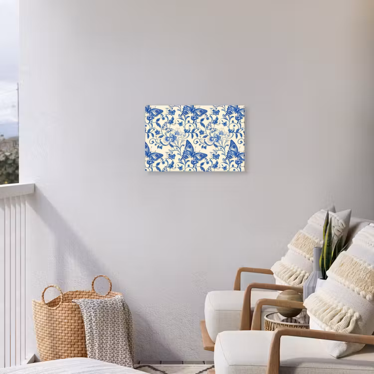 Vlinders - Bloemen - Blauw - Botanisch Tuinposter op houten frame 2 cm dik klein 845 -sfeer1