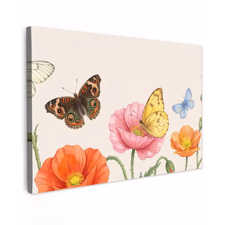 Vlinders - Klaprozen - Illustratie - Kleurrijk Tuinposter op houten frame 2 cm dik klein -3d