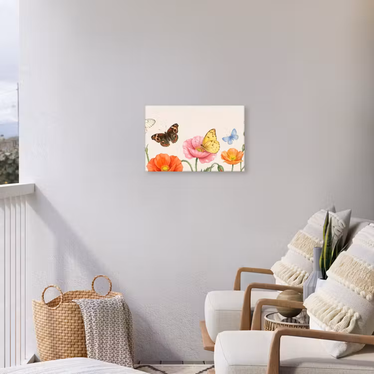 Vlinders - Klaprozen - Illustratie - Kleurrijk Tuinposter op houten frame 2 cm dik klein -sfeer1