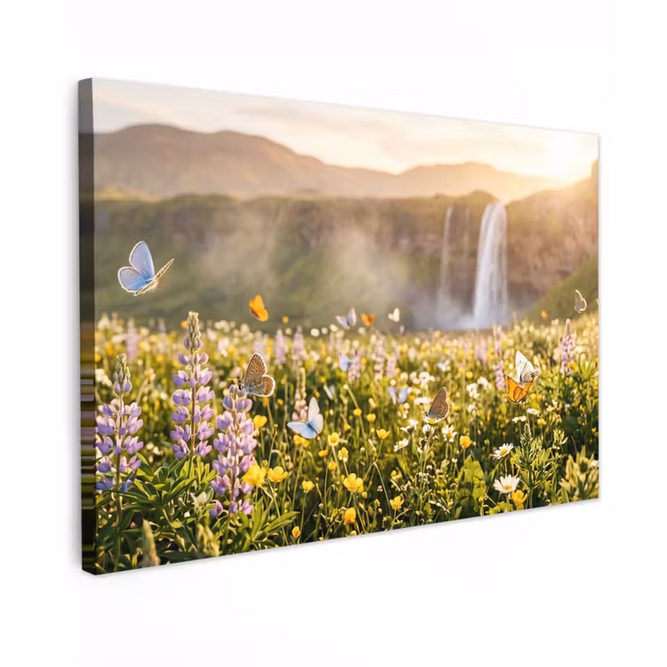 Vlinders - Waterval - Bloemenveld Tuinposter op houten frame 2 cm dik klein -3d