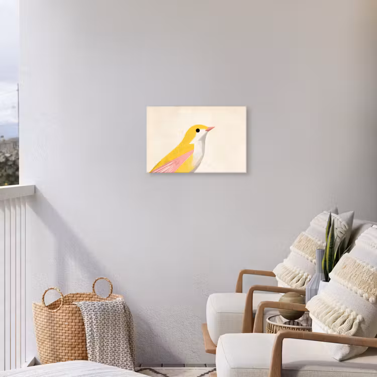 Vogel - Minimalistisch - Geel Tuinposter op houten frame 2 cm dik klein -sfeer1