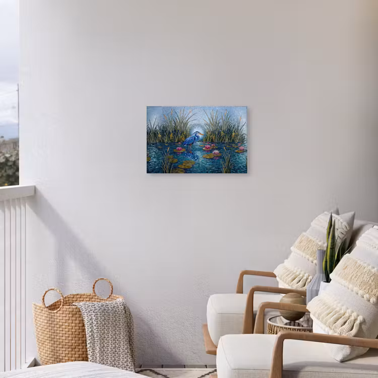 Vogel - Water - Natuur - Abstract - Blauw Tuinposter op houten frame 2 cm dik klein -sfeer1