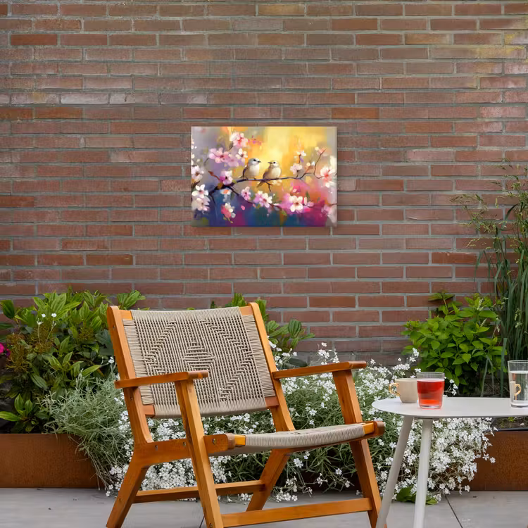 Vogels - Bloemen - Roze Tuinposter op houten frame 2 cm dik klein -sfeer3