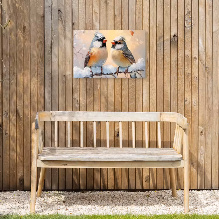 Vogels - Tak - Winter - Sneeuw Tuinposter op houten frame 2 cm dik klein -sfeer4
