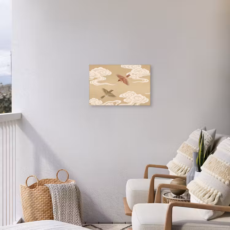Vogels - Vliegen - Beige Tuinposter op houten frame 2 cm dik klein -sfeer1