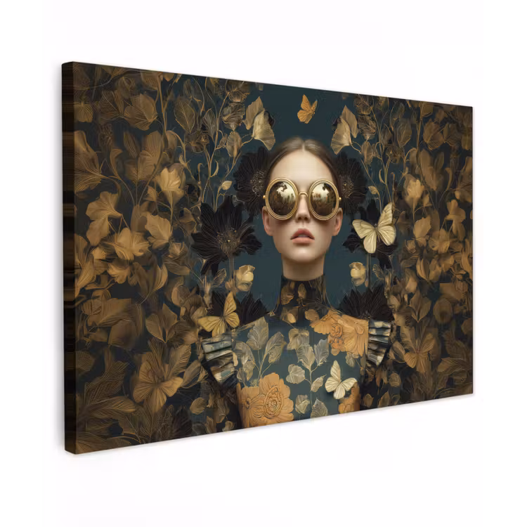 Vrouw - Bladeren - Goud - Vlinders Tuinposter op houten frame 2 cm dik klein -3d