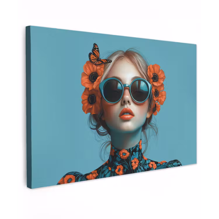 Vrouw - Blauw - Vlinder - Bloemen - Aesthetic Tuinposter op houten frame 2 cm dik klein -3d