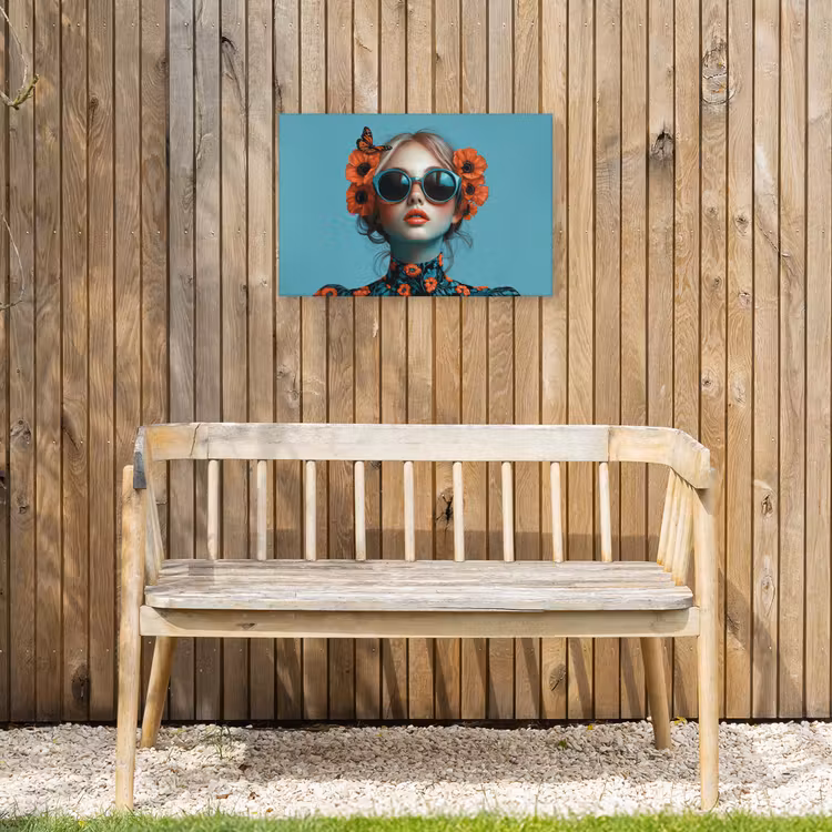 Vrouw - Blauw - Vlinder - Bloemen - Aesthetic Tuinposter op houten frame 2 cm dik klein -sfeer4