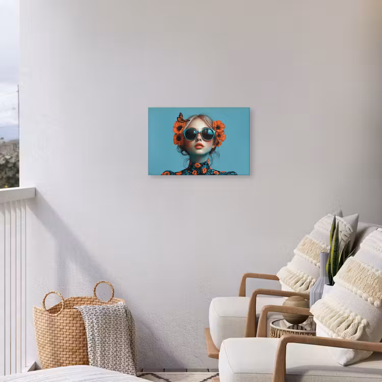 Vrouw - Blauw - Vlinder - Bloemen - Aesthetic Tuinposter op houten frame 2 cm dik klein -sfeer1