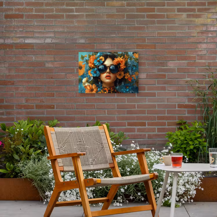 Vrouw - Bloemen - Oranje - Blauw - Modern Tuinposter op houten frame 2 cm dik klein -sfeer3
