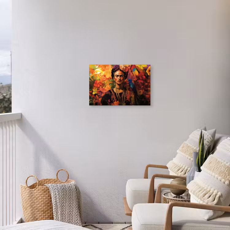 Vrouw - Bloemen - Papegaai - Schilderachtig Tuinposter op houten frame 2 cm dik klein -sfeer1
