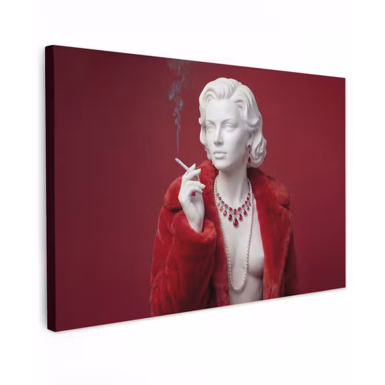 Vrouw - Bontjas - Mode - Klassiek - Rood Tuinposter op houten frame 2 cm dik klein -3d