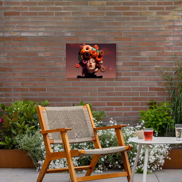 Vrouw - Donuts - Kleurrijk Tuinposter op houten frame 2 cm dik klein -sfeer3