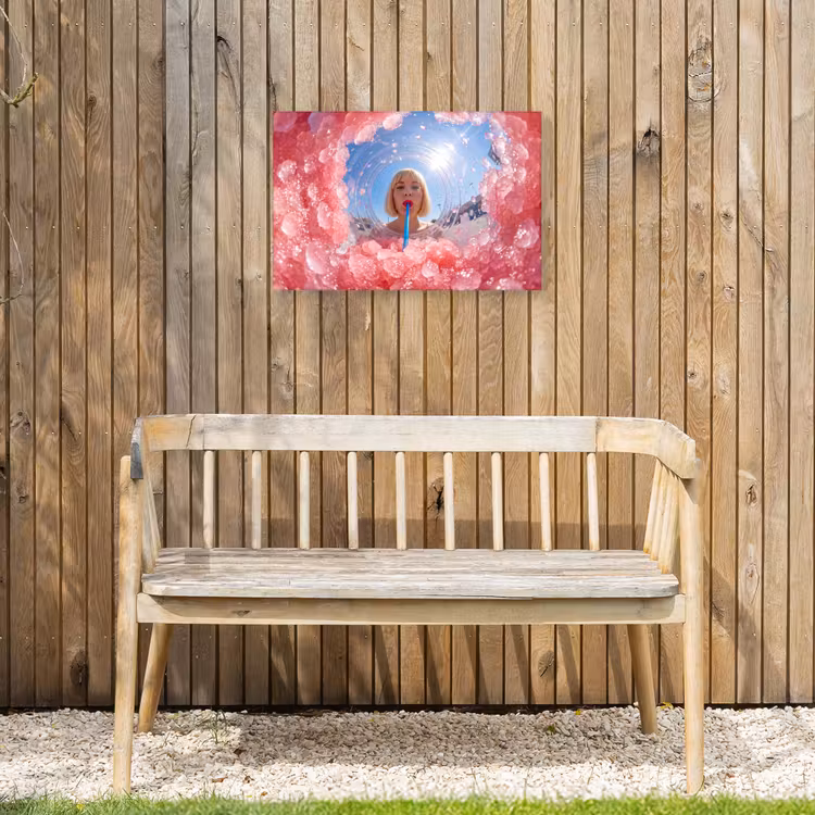 Vrouw - Drank - Zomer - Roze - Blauw Tuinposter op houten frame 2 cm dik klein -sfeer4