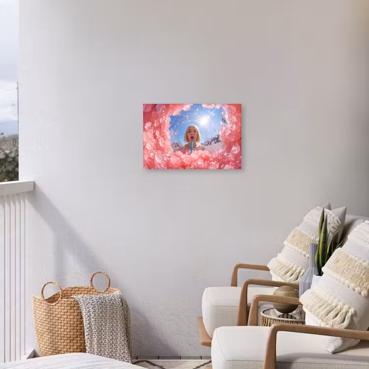 Vrouw - Drank - Zomer - Roze - Blauw Tuinposter op houten frame 2 cm dik klein -sfeer1
