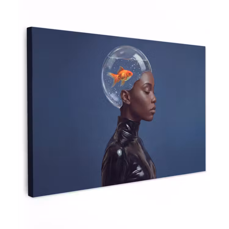 Vrouw - Goudvis - Hoofd - Abstract - Blauw Tuinposter op houten frame 2 cm dik klein -3d