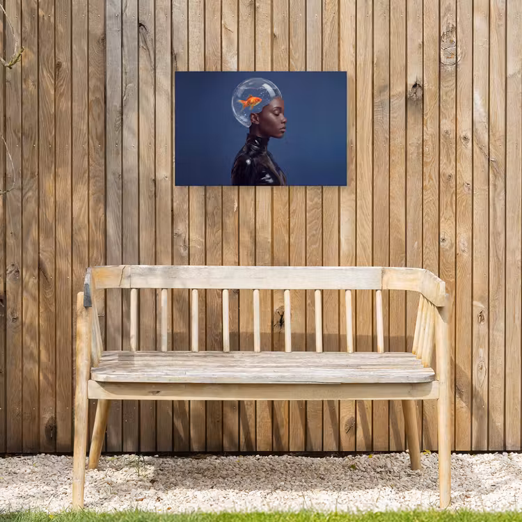 Vrouw - Goudvis - Hoofd - Abstract - Blauw Tuinposter op houten frame 2 cm dik klein -sfeer4