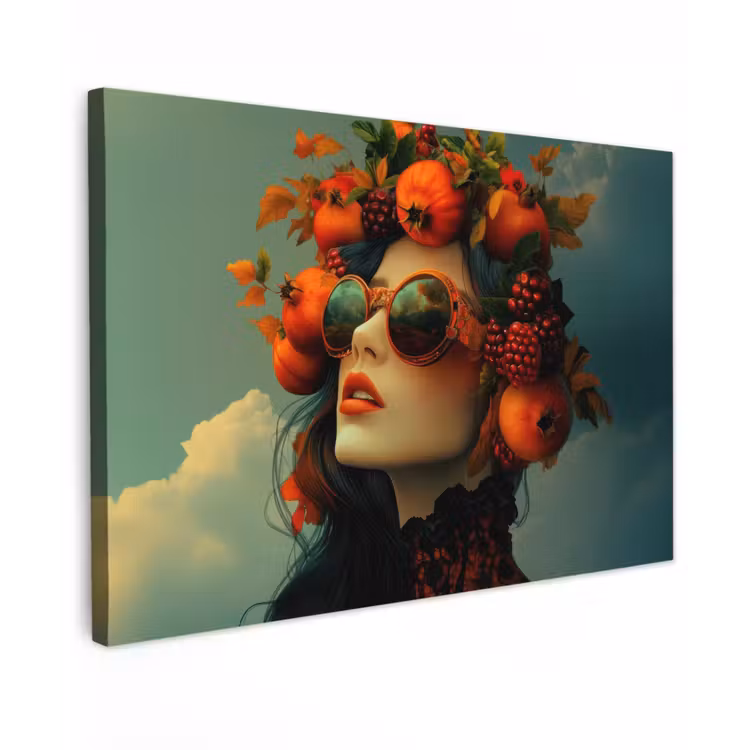 Vrouw - Granaatappel - Herfst - Zonnebril Tuinposter op houten frame 2 cm dik klein -3d
