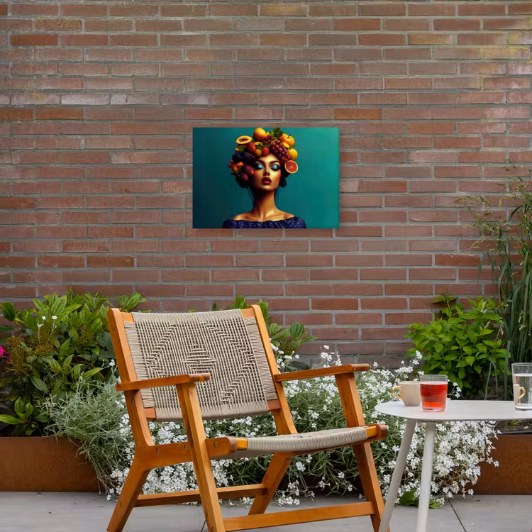 Vrouw - Hoodtooi - Tropisch - Fruit - Druiven Tuinposter op houten frame 2 cm dik klein -sfeer3