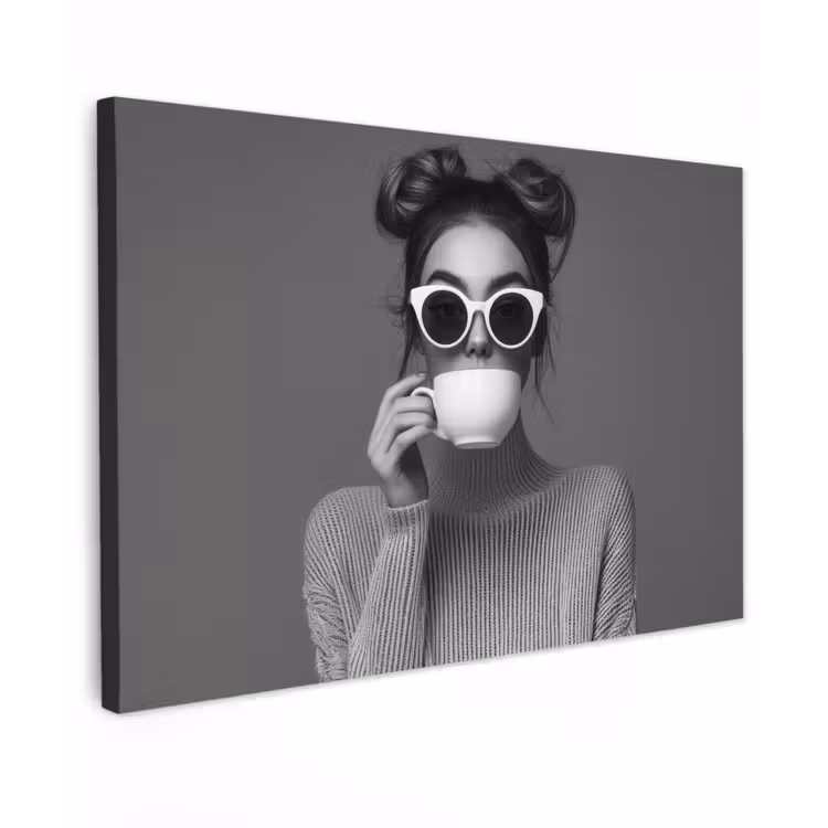Vrouw - Koffie - Zwart - Wit Tuinposter op houten frame 2 cm dik klein -3d