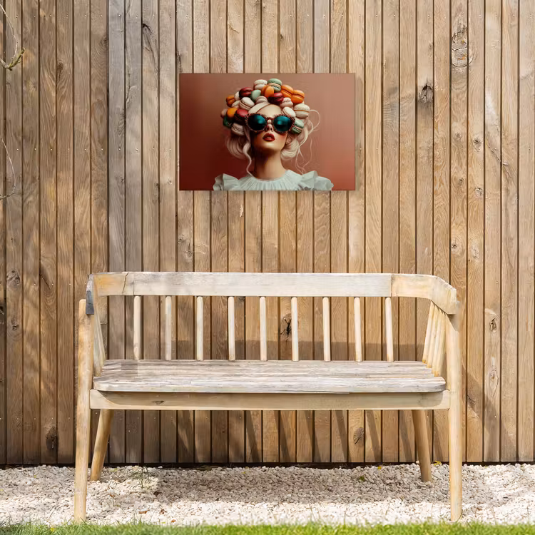 Vrouw - Macarons - Bril Tuinposter op houten frame 2 cm dik klein -sfeer4