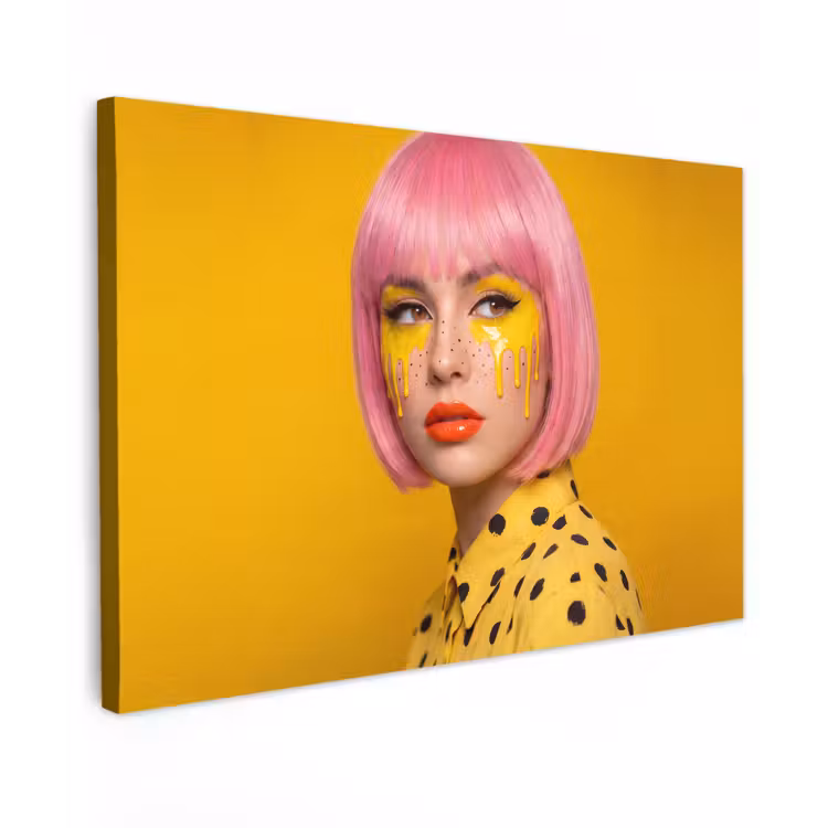 Vrouw - Portret - Abstract - Kleurrijk - Geel Tuinposter op houten frame 2 cm dik klein -3d