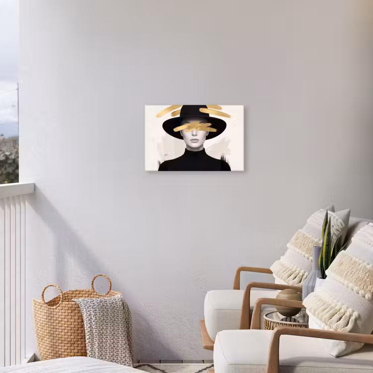 Vrouw - Portret - Modern - Goud - Kunst Tuinposter op houten frame 2 cm dik klein -sfeer1
