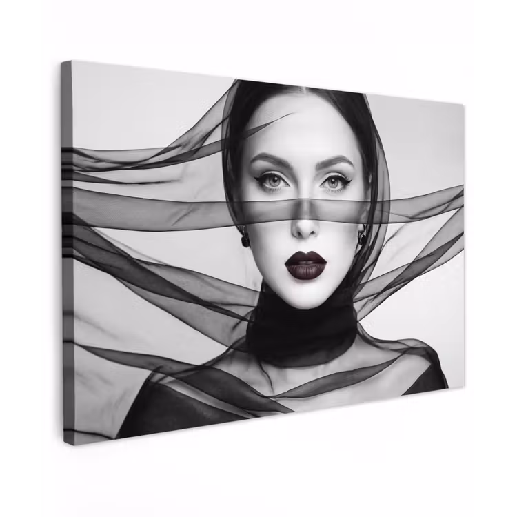 Vrouw - Sluier - Portret - Zwart  - Wit - Elegant Tuinposter op houten frame 2 cm dik klein -3d