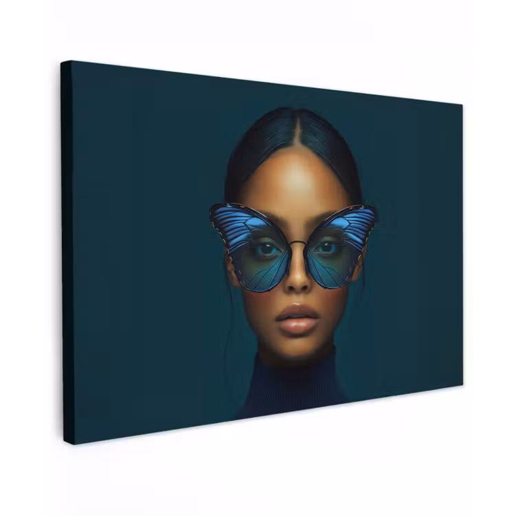 Vrouw - Vlinder - Bril - Blauw - Modern - Portret Tuinposter op houten frame 2 cm dik klein -3d