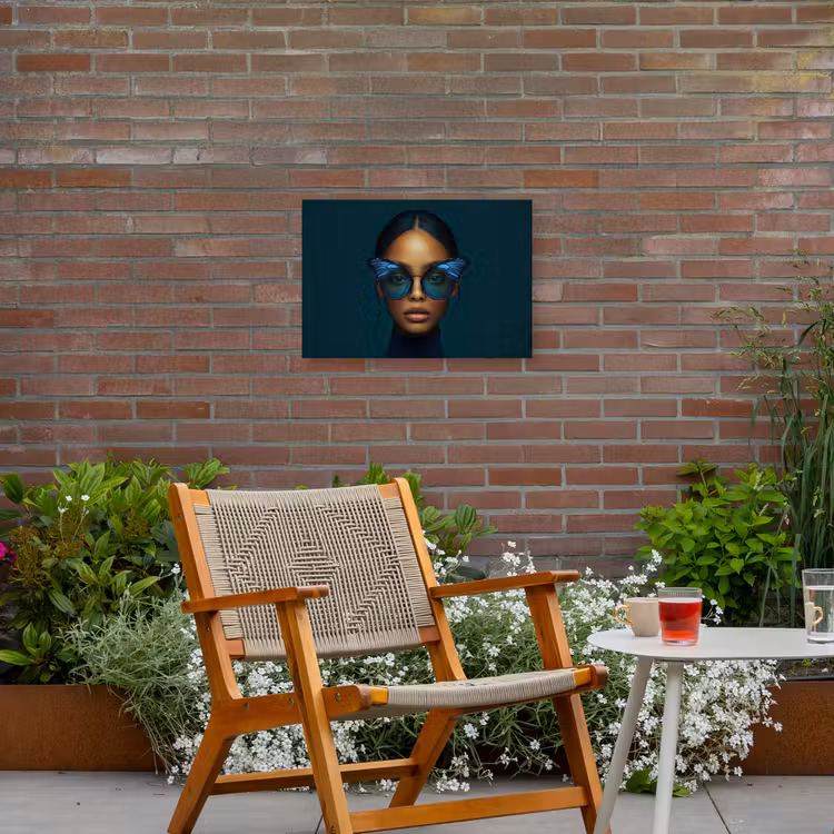 Vrouw - Vlinder - Bril - Blauw - Modern - Portret Tuinposter op houten frame 2 cm dik klein -sfeer3