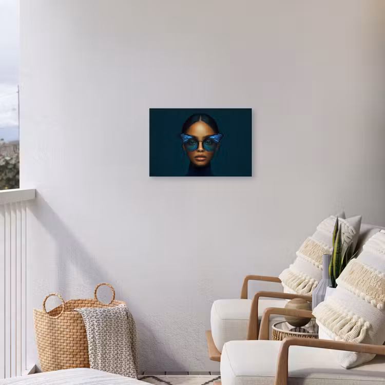 Vrouw - Vlinder - Bril - Blauw - Modern - Portret Tuinposter op houten frame 2 cm dik klein -sfeer1