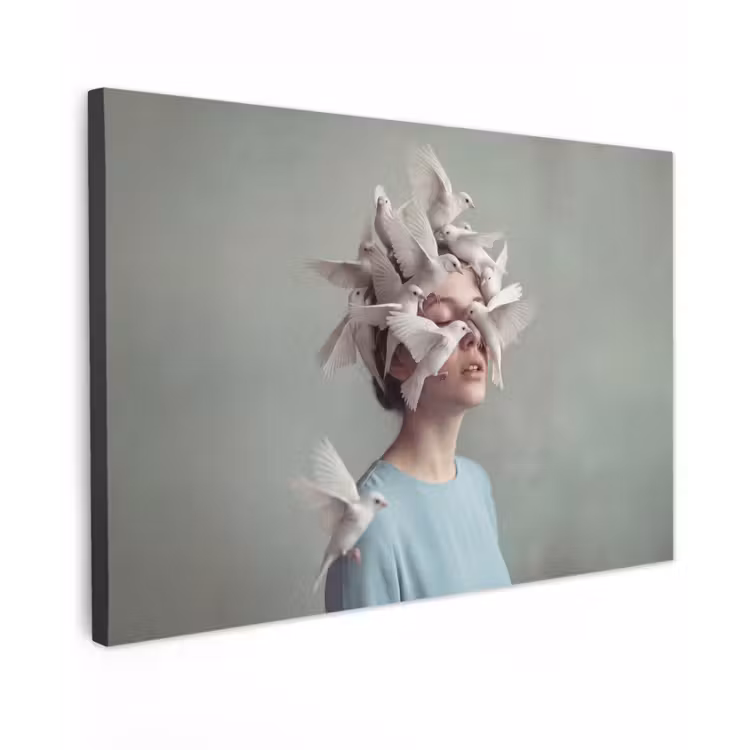 Vrouw - Vogels - Abstract - Modern - Wit Tuinposter op houten frame 2 cm dik klein -3d