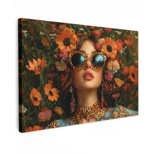 Vrouwen - Bloemen - Modern - Bril - Abstract Tuinposter op houten frame 2 cm dik klein -3d