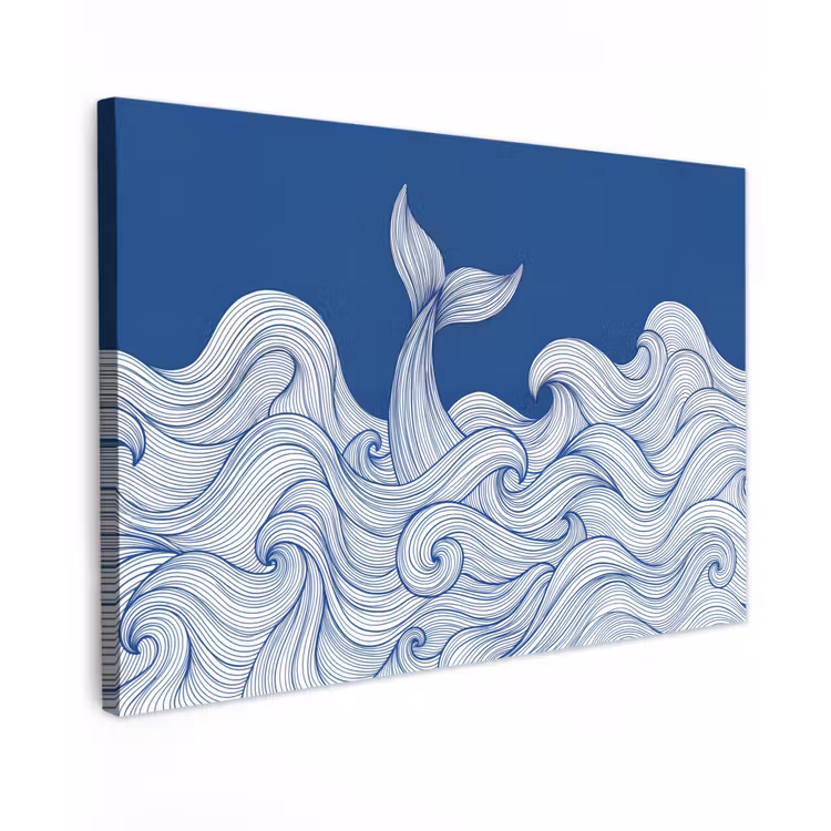 Walvis - Staart - Golven - Lijntekening - Blauw Tuinposter op houten frame 2 cm dik klein -3d
