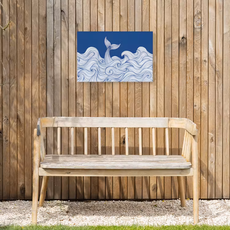 Walvis - Staart - Golven - Lijntekening - Blauw Tuinposter op houten frame 2 cm dik klein -sfeer4