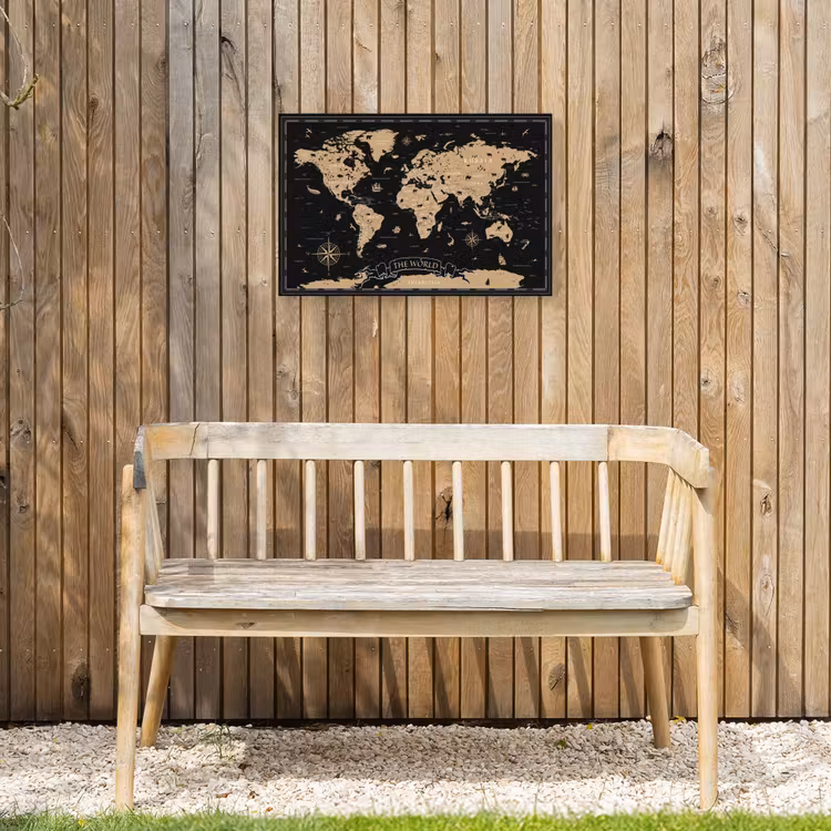 Wereldkaart - Beige - Zwart Tuinposter op houten frame 2 cm dik klein -sfeer4